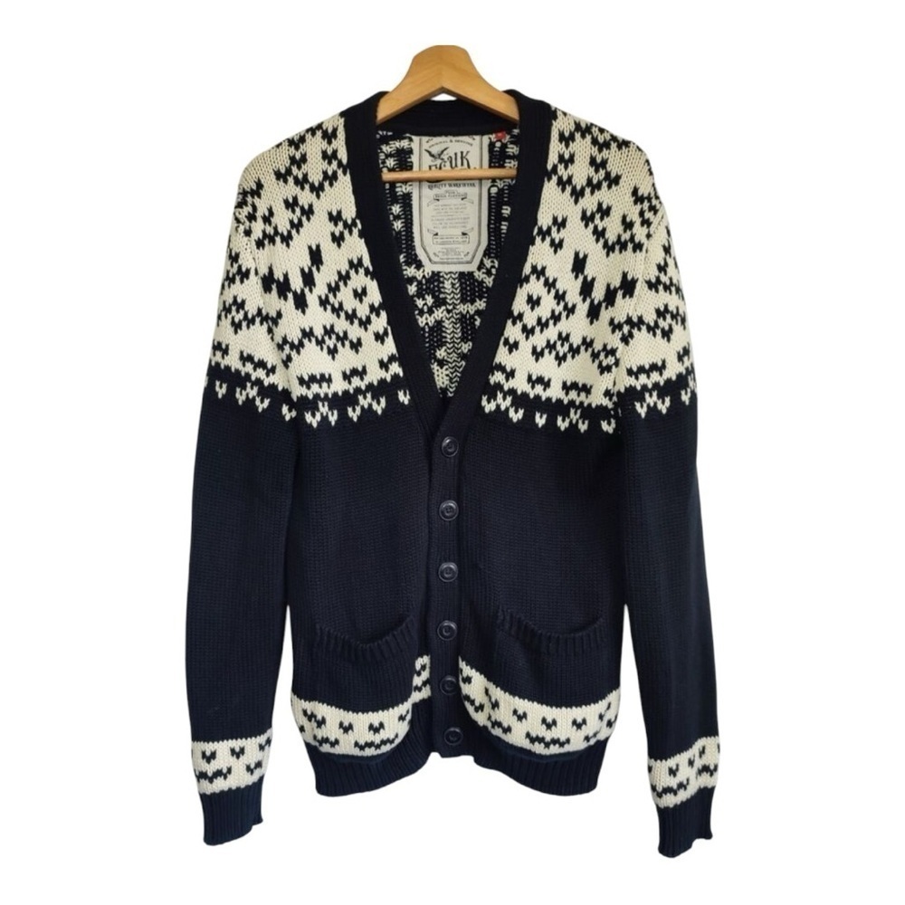FCUK Cotton Fair Isle Cardigan V-neck Loose Fitting  Front patch pockets Small